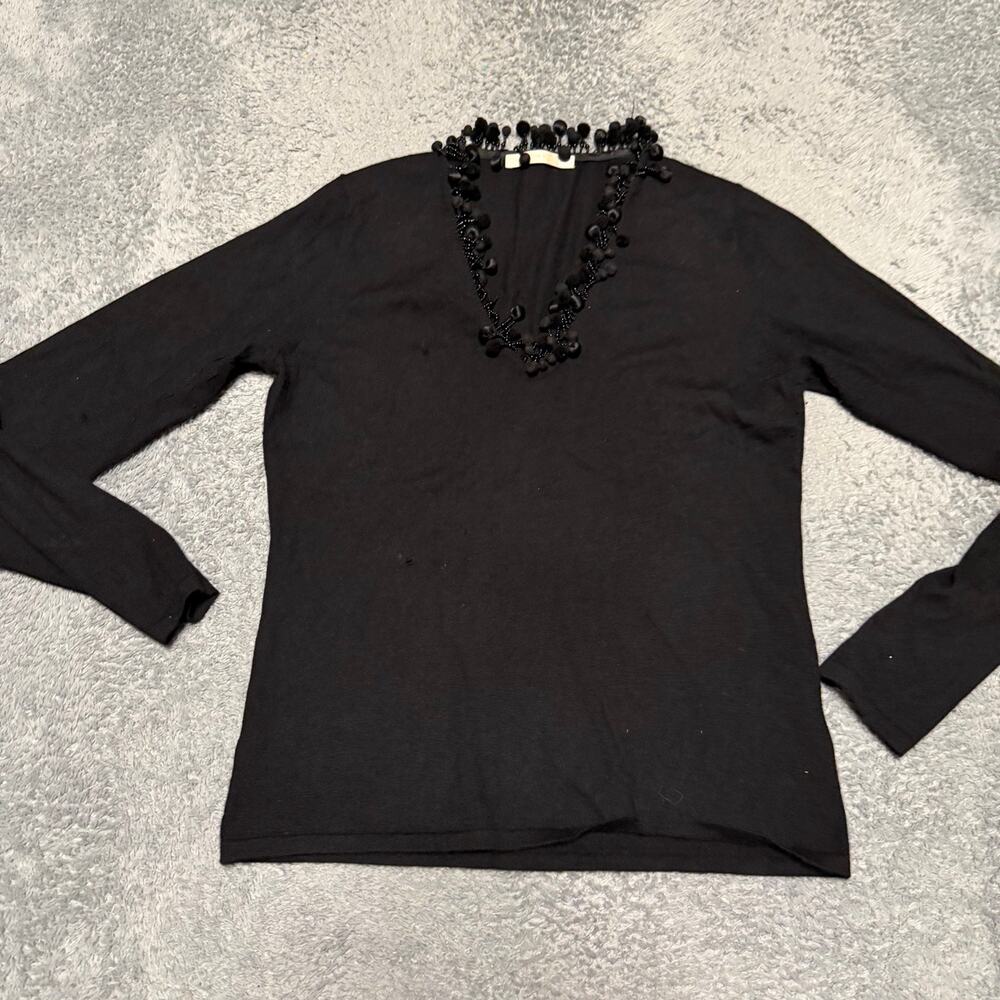 Naeem Khan 100% Fine Cashmere Sweater Womens Large Black Beaded Pom ****